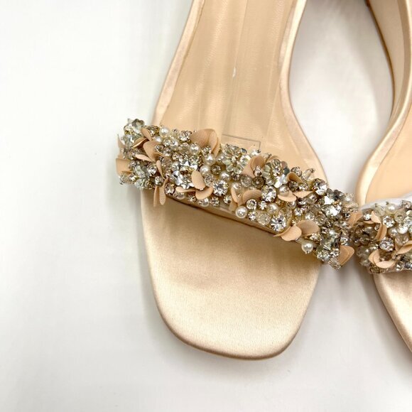 Badgley Mischka Size 7 Teasha Soft Nude Satin Jeweled Wedges Dress Sandals Shoes - Picture 4 of 15
